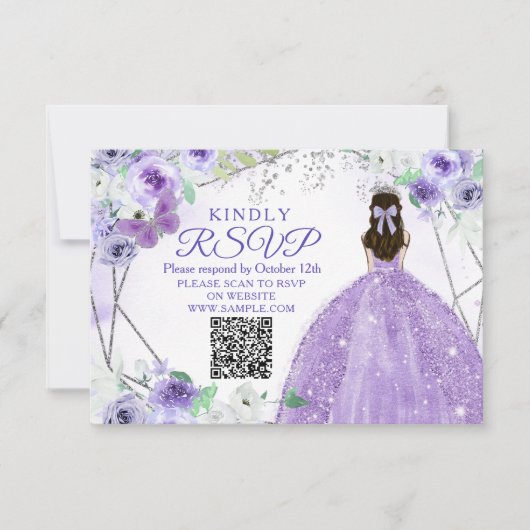 Paarse Lila Quinceañera 15 Anos RSVP-kaart Bedankkaart (Voorkant)