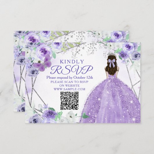 Paarse Lila Quinceañera 15 Anos RSVP-kaart Bedankkaart (Voorkant / Achterkant)