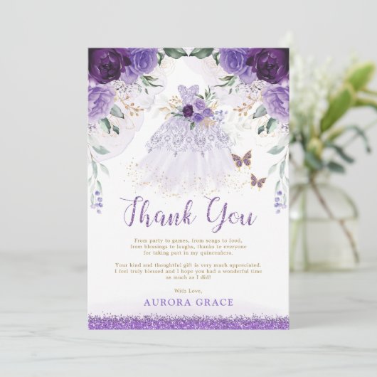 Paarse Lila Quinceañera Princess Dress Dank u Kaart (Staand voorkant)