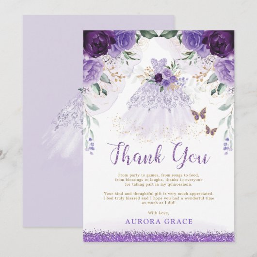 Paarse Lila Quinceañera Princess Dress Dank u Kaart (Voorkant / Achterkant)