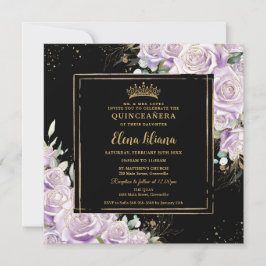 Paarse Lila Roos Floral Gold Quinceanera Sweet 16 Kaart