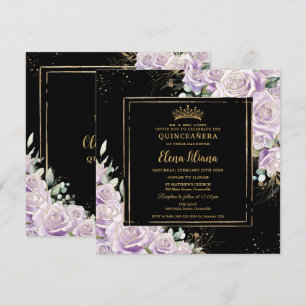 Paarse Lila Roos Floral Gold Quinceanera Sweet 16 Kaart