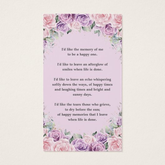 Paarse Lila Roze Bloemen Begrafenis Memorial Bladw Visitekaartje (Achterkant)