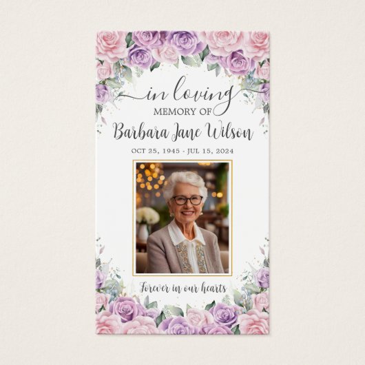Paarse Lila Roze Bloemen Begrafenis Memorial Bladw Visitekaartje (Voorkant)