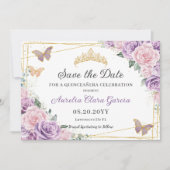 Paarse Lila roze bloemige quinceañera zoet zestien Save The Date (Voorkant)