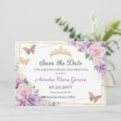 Paarse Lila roze bloemige quinceañera zoet zestien Save The Date (Staand voorkant)