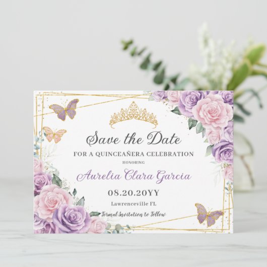Paarse Lila roze bloemige quinceañera zoet zestien Save The Date (Staand voorkant)