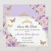 Paarse Lila roze bloemige quinceañera zoet zestien Save The Date (Voorkant / Achterkant)