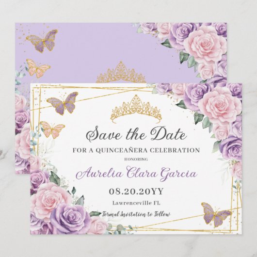 Paarse Lila roze bloemige quinceañera zoet zestien Save The Date (Voorkant / Achterkant)