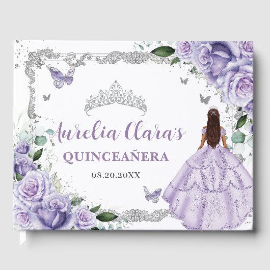 Paarse Lila Rozen Bloemenvlinders Quinceañera Gastenboek (Voorkant)