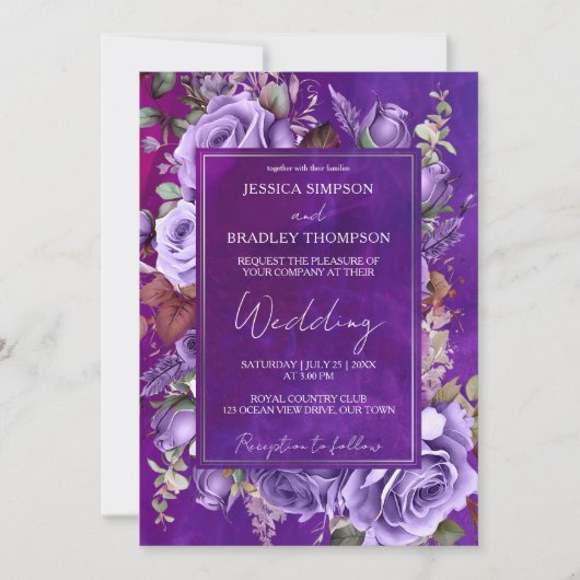 Paarse lila  rozen Elegante bruiloft Kaart (Voorkant)