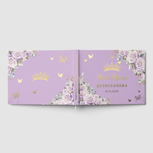 Paarse Lila Rozen Floral Gold 15 XV Quinceañera Gastenboek (Volledig)