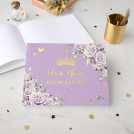 Paarse Lila Rozen Floral Gold 15 XV Quinceañera Gastenboek