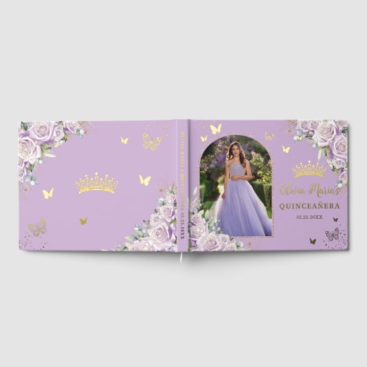 Paarse Lila Rozen Floral Gold Quinceañera Foto Gastenboek (Volledig)