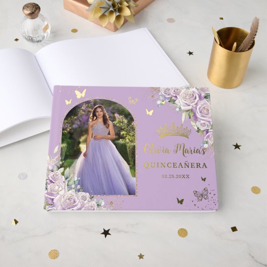 Paarse Lila Rozen Floral Gold Quinceañera Foto Gastenboek (Voorkant open)