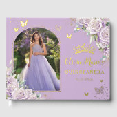 Paarse Lila Rozen Floral Gold Quinceañera Foto Gastenboek (Voorkant)