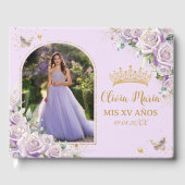 Paarse Lila Rozen Floral Gold Quinceañera Foto Gastenboek (Voorkant)