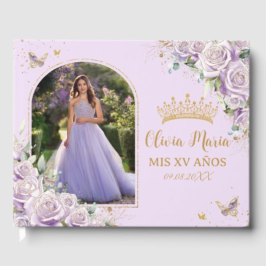 Paarse Lila Rozen Floral Gold Quinceañera Foto Gastenboek (Voorkant)