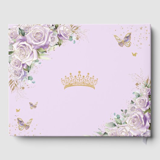Paarse Lila Rozen Floral Gold Quinceañera Foto Gastenboek (Achterkant)