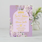 Paarse Lila Rozen Floral Gold Sweet 16 Birthday Folie Uitnodiging (Staand Voorkant)