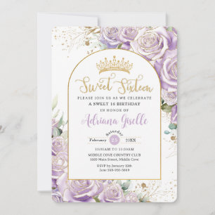 Paarse Lila Rozen Floral Gold Sweet 16 Birthday Kaart