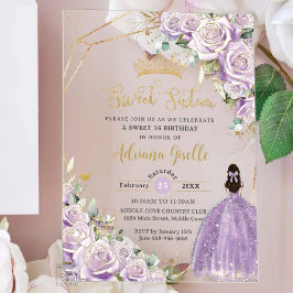 Paarse Lila Rozen Floral Princess Sweet Sixteen Acryl Uitnodigingen