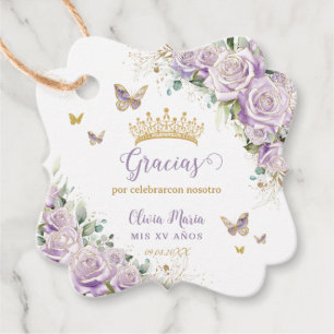 Paarse Lila Rozen Floral Quinceanera 15 Tweetalig Bedankjes Labels