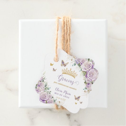 Paarse Lila Rozen Floral Quinceanera 15 Tweetalig Bedankjes Labels (In situ)