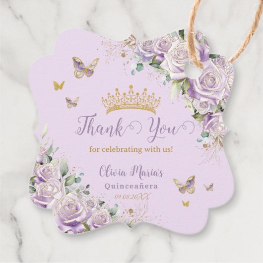 Paarse Lila Rozen Floral Quinceanera 15 Tweetalig Bedankjes Labels (Achterkant)