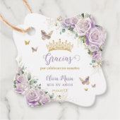 Paarse Lila Rozen Floral Quinceanera 15 Tweetalig Bedankjes Labels (Voorkant)