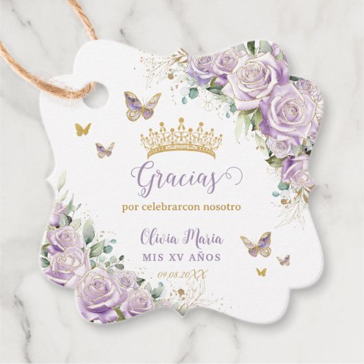 Paarse Lila Rozen Floral Quinceanera 15 Tweetalig Bedankjes Labels (Voorkant)