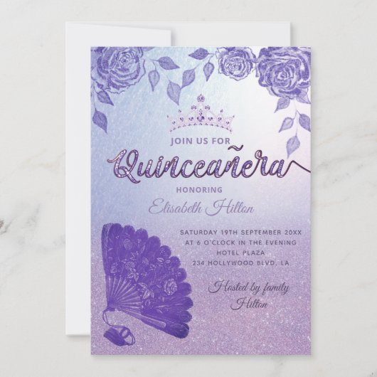 Paarse Lila rozen romantische hand fan Quinceañera Kaart (Voorkant)