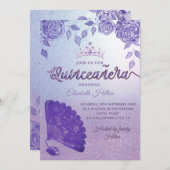 Paarse Lila rozen romantische hand fan Quinceañera Kaart (Voorkant / Achterkant)