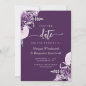 Paarse Lila Silver Floral Wedding Save the Date Kaart (Voorkant)