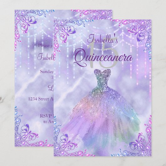 Paarse Lila Silver Pearl Gown Quinceanera Kaart (Voorkant / Achterkant)