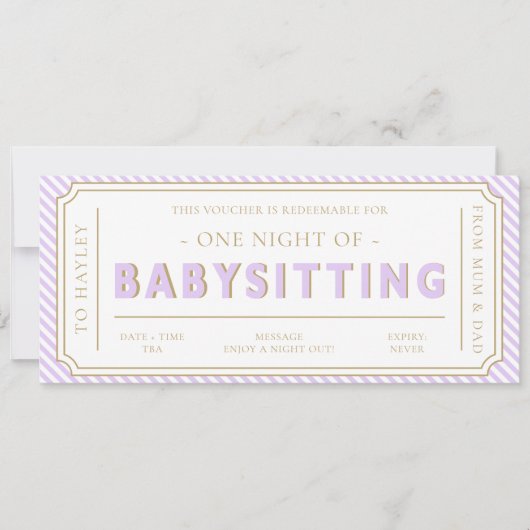Paarse Lila Streep Babysitten Gift Voucher Kaart (Voorkant)