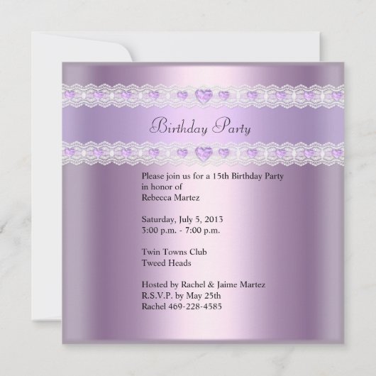 Paarse Lila Tiara Quinceanera 15 Birthday Party Kaart (Achterkant)