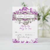 Paarse Lila Vintage Floral Wedding RSVP (Staand voorkant)