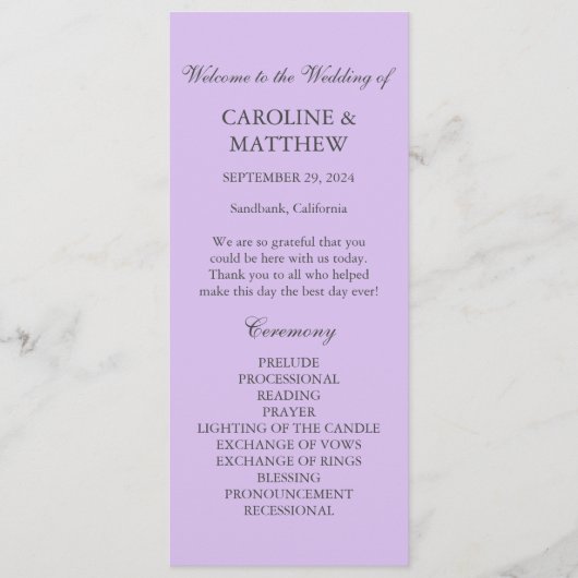 Paarse Lila Violet Eenvoudige Moderne Bruiloft Programmakaart (Voorkant)