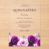 Paarse Lila Violet Rozen Floral Quinceanera Acryl Uitnodigingen (Voorkant)