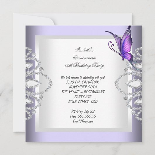 Paarse Lila vlinder Tiara Quinceanera Floral Kaart (Achterkant)
