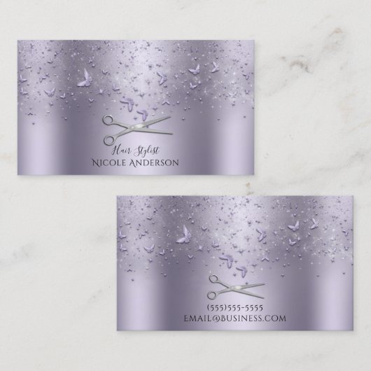 Paarse Lila Vlinders Zilveren Schaar Stylist Visitekaartje (Voorkant / Achterkant)