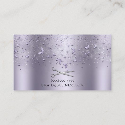 Paarse Lila Vlinders Zilveren Schaar Stylist Visitekaartje (Achterkant)