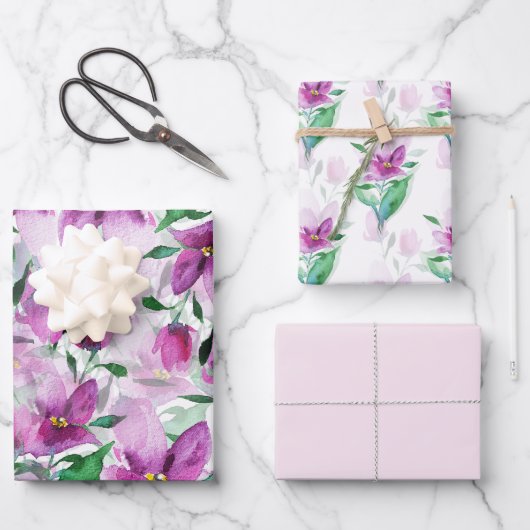 Paarse Lila Waterverf Bloemen Handgeschilderd Inpakpapier Vel (Voorkant)