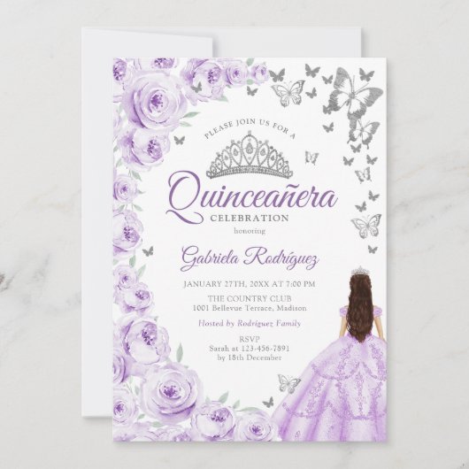 Paarse Lila Waterverf Bloemen Quinceanera Kaart (Voorkant)