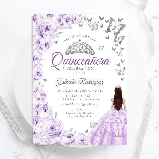 Paarse Lila Waterverf Bloemen Quinceanera Kaart