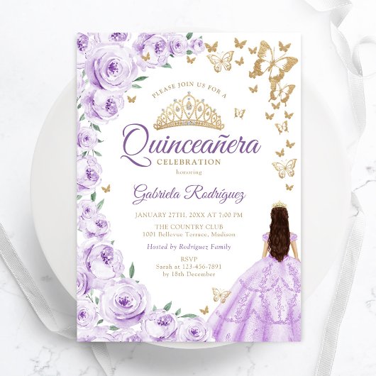 Paarse Lila Waterverf bloemengoud quinceanera Kaart