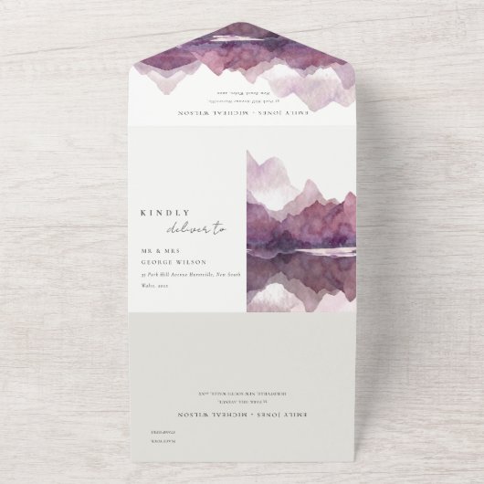 Paarse Lila Waterverf Bodemmeer All In One Uitnodiging (Buitenkant)