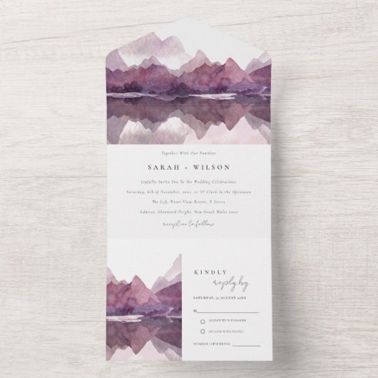 Paarse Lila Waterverf Bodemmeer All In One Uitnodiging (Binnen)