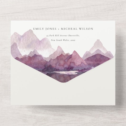 Paarse Lila Waterverf Bodemmeer All In One Uitnodiging (Achterkant)